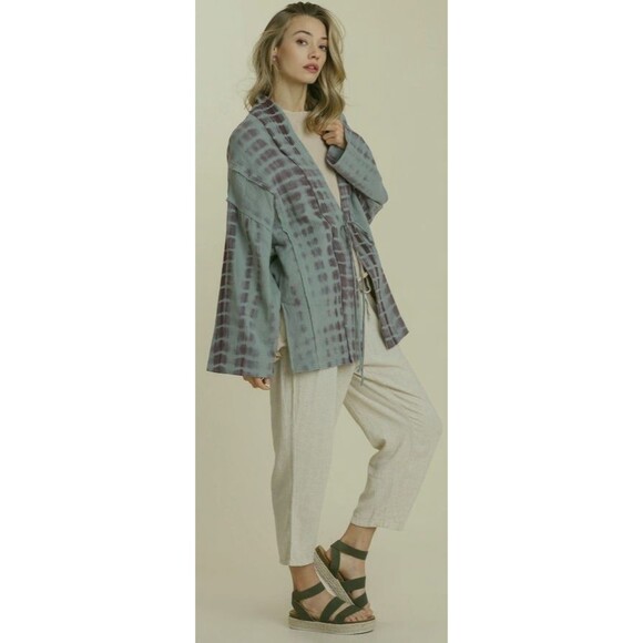 New Umgee L Dusty Sage Tie Dye Open Front Tie Kimono Side Slit - Picture 2 of 5